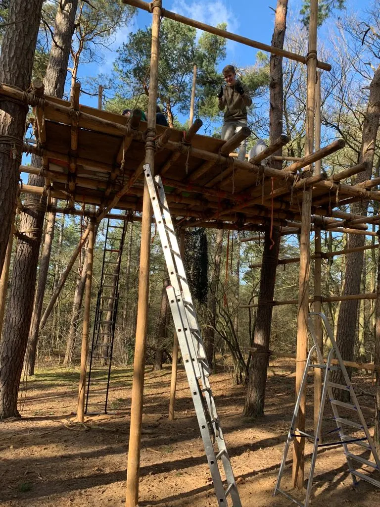 Hoge constructie van houten palen en ladders tussen de dennenbomen