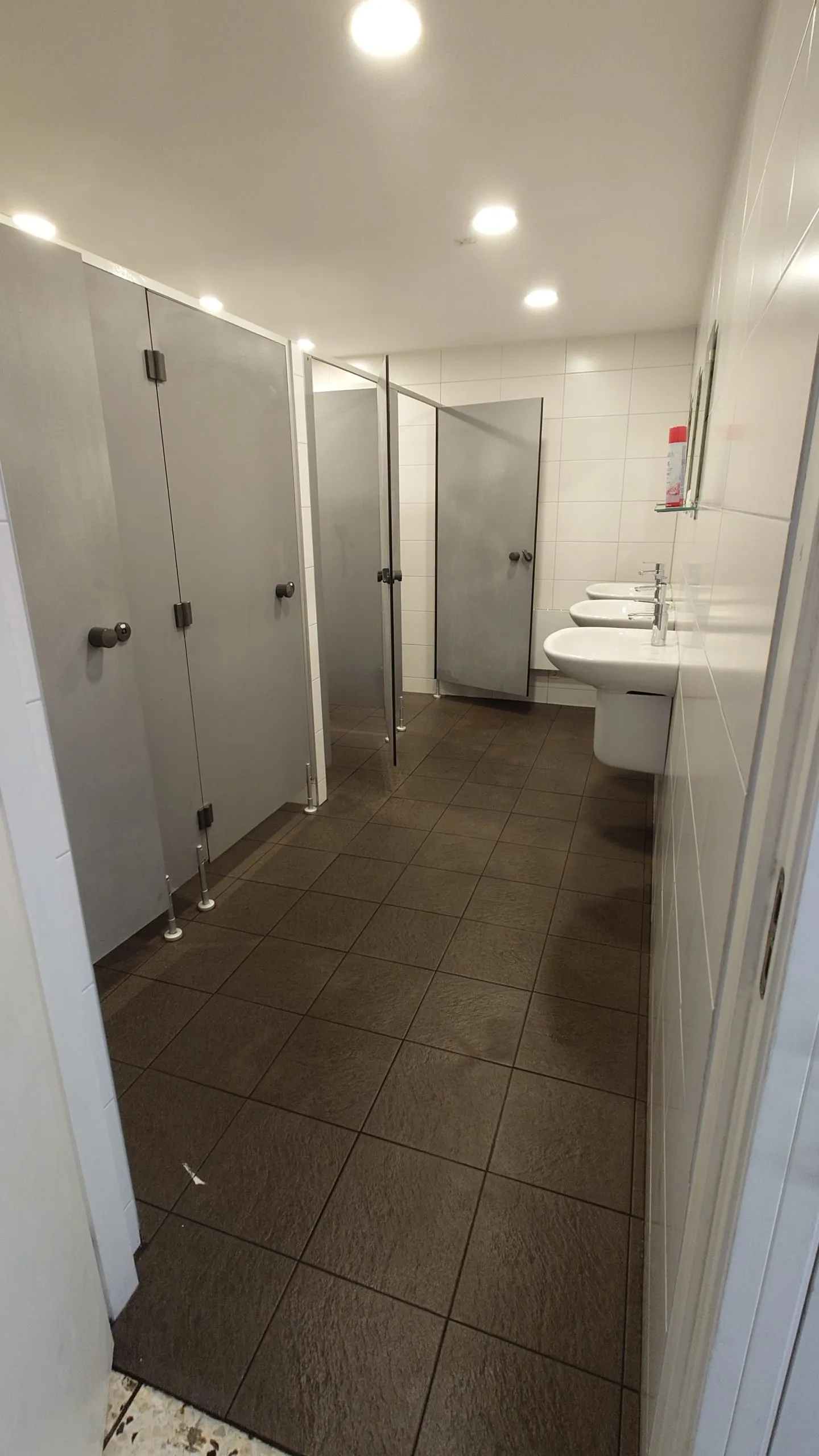 Moderne sanitaire ruimte met toiletcabines en een rij wastafels